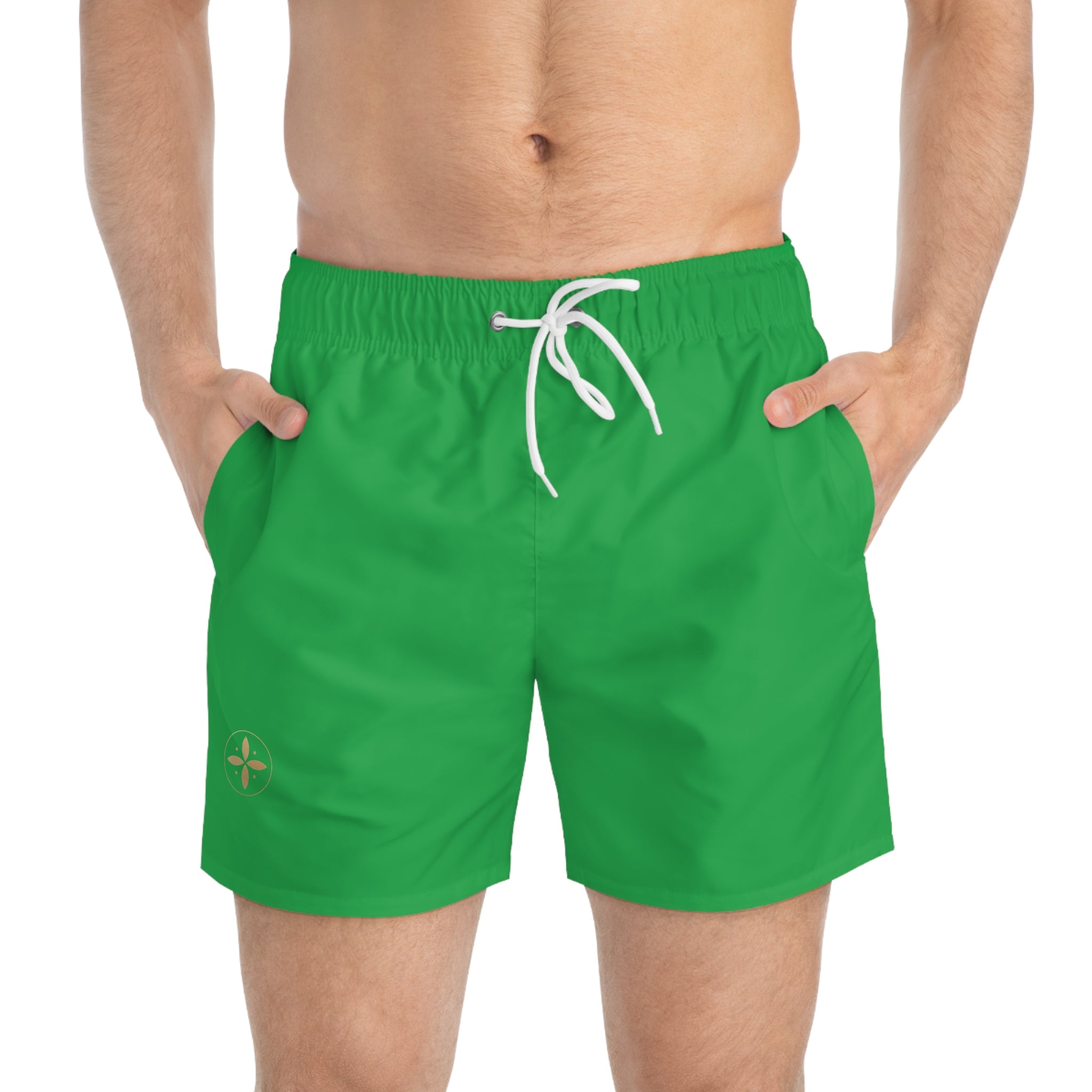 White Swim Trunks with Minimal Compass Logo — Men's Beach Shorts