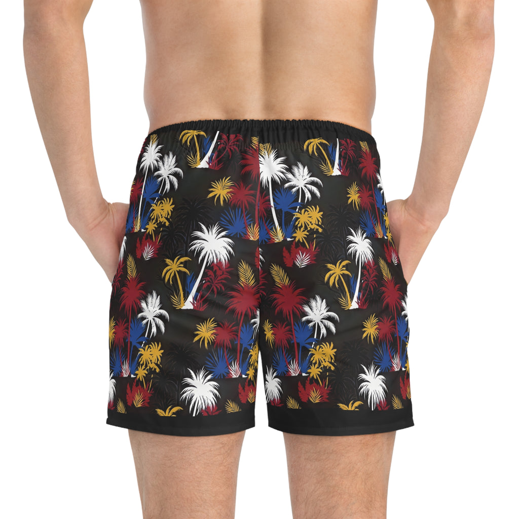 Tropical Palm Swim Trunks — Red, White & Blue Firework Palm Pattern