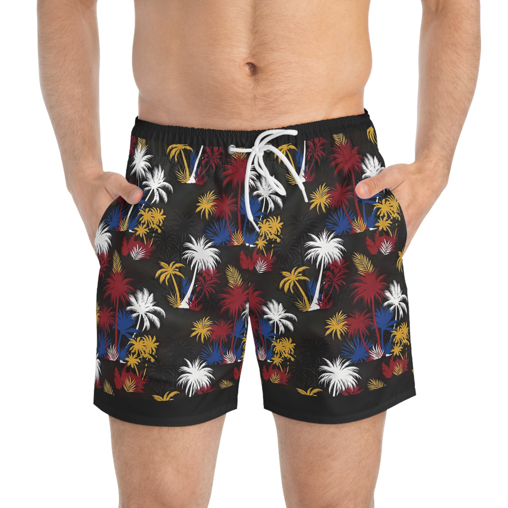 Tropical Palm Swim Trunks — Red, White & Blue Firework Palm Pattern