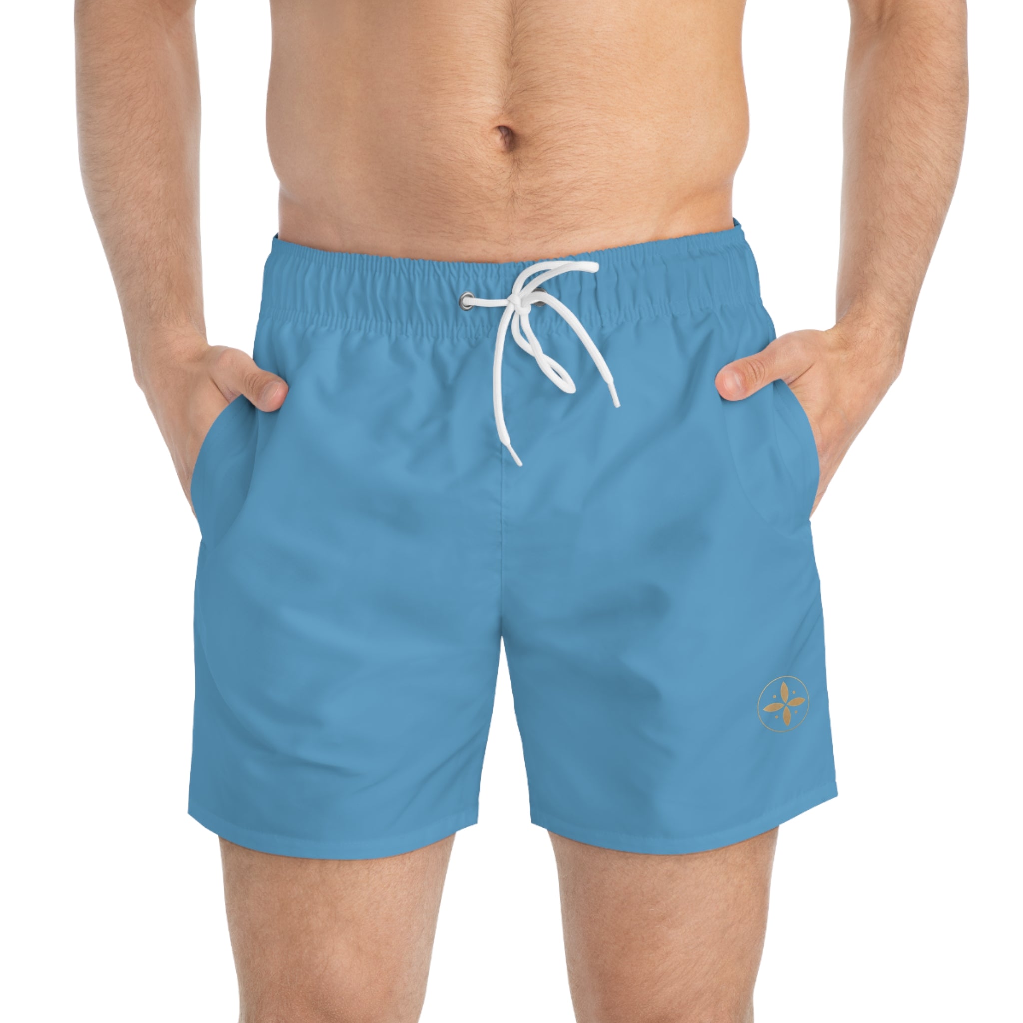 Light Blue Swim Trunks – Minimal Beach Shorts with Subtle Logo