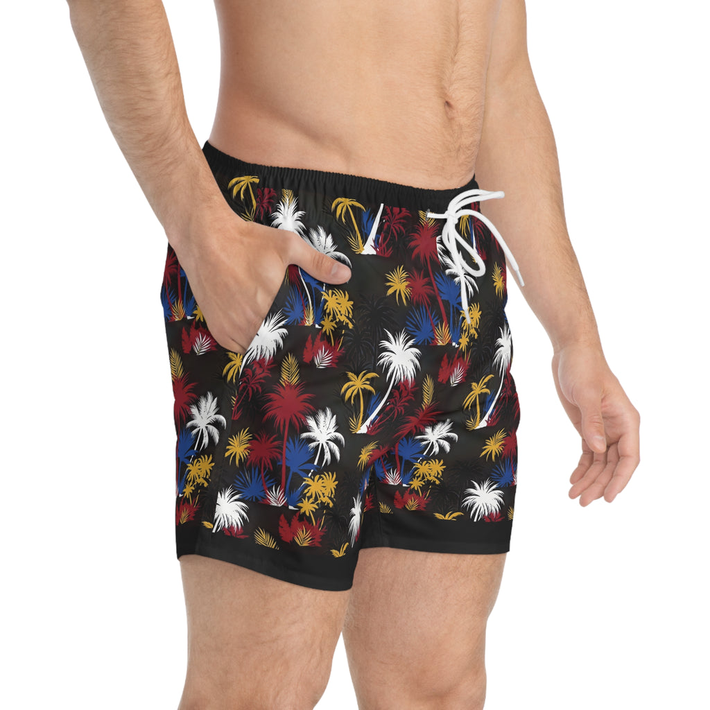 Tropical Palm Swim Trunks — Red, White & Blue Firework Palm Pattern